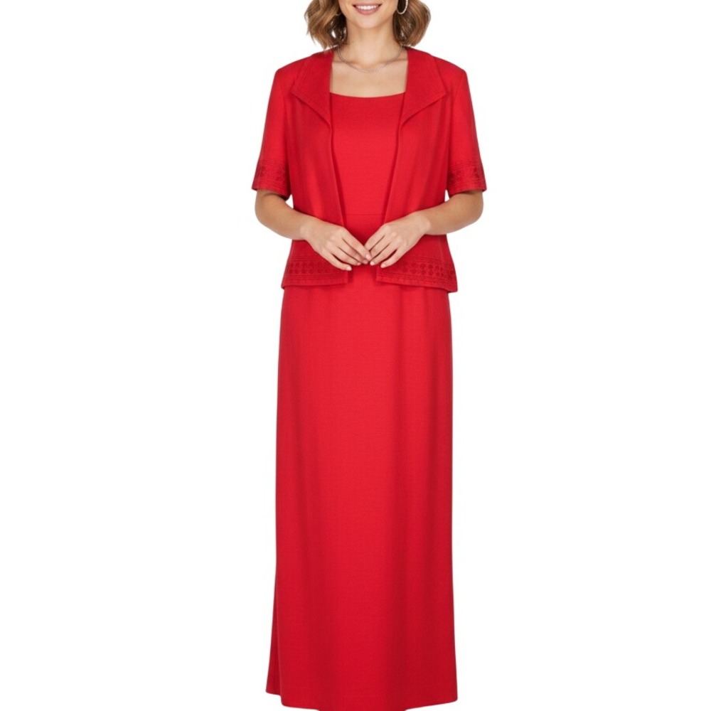JESSICA HOWARD Red LINEN BLEND Embroidered OPEN FRONT JACKET/SHEATH DRESS Sz 6